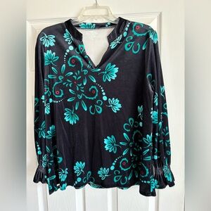 Like new Black Floral V-Neck crushed velvet Long-Sleeve Top - Teal Accents